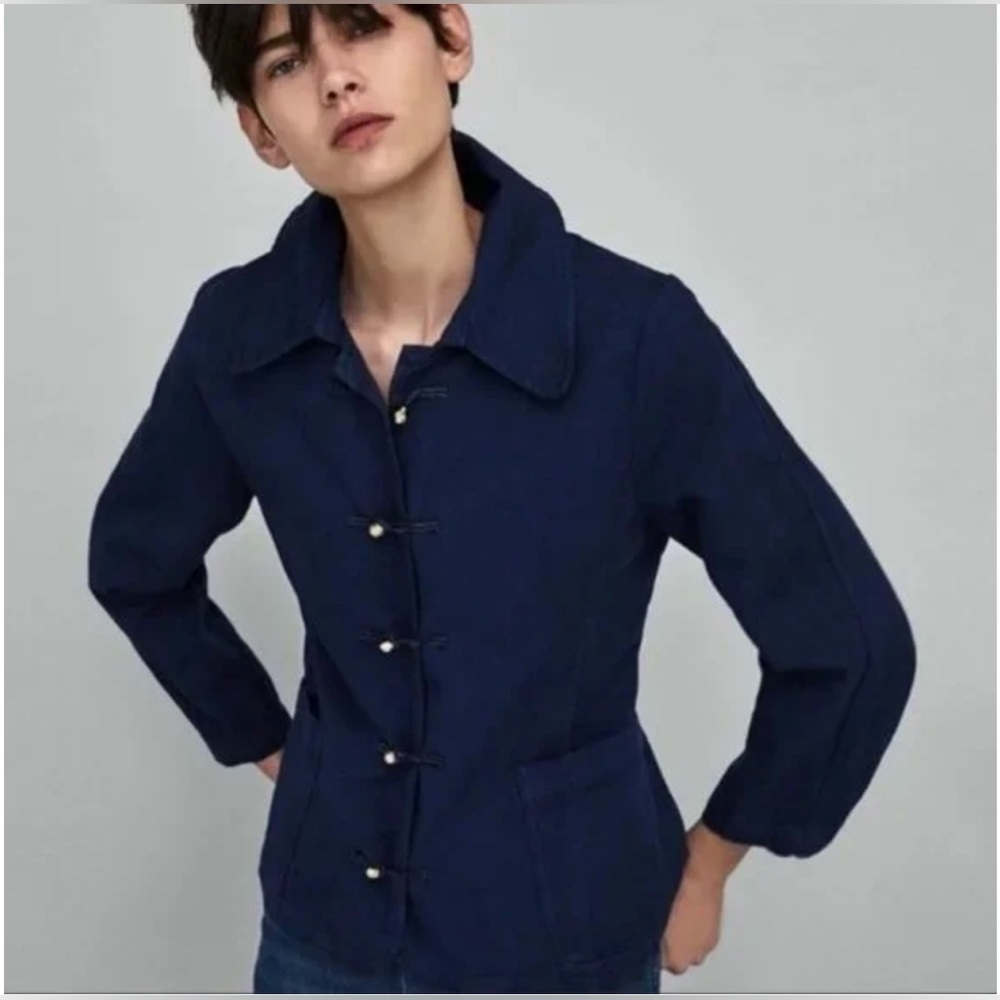 ZARA Navy Blue Cotton Linen Gold Toggle Buttons Military Style Jacket Size Small